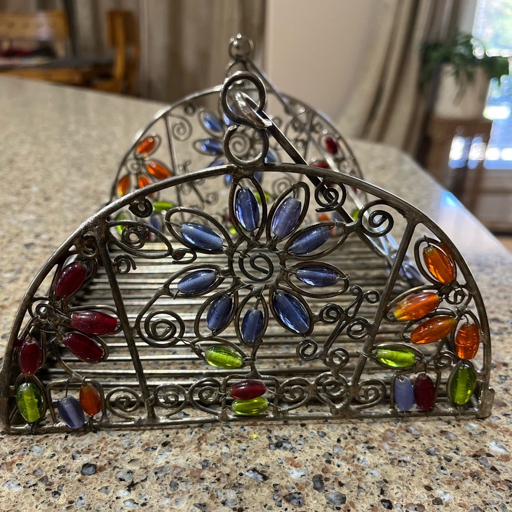 Vintage Glass Like Beaded Silver Napkin Holder with Beaded Handle - Picture 3 of 16
